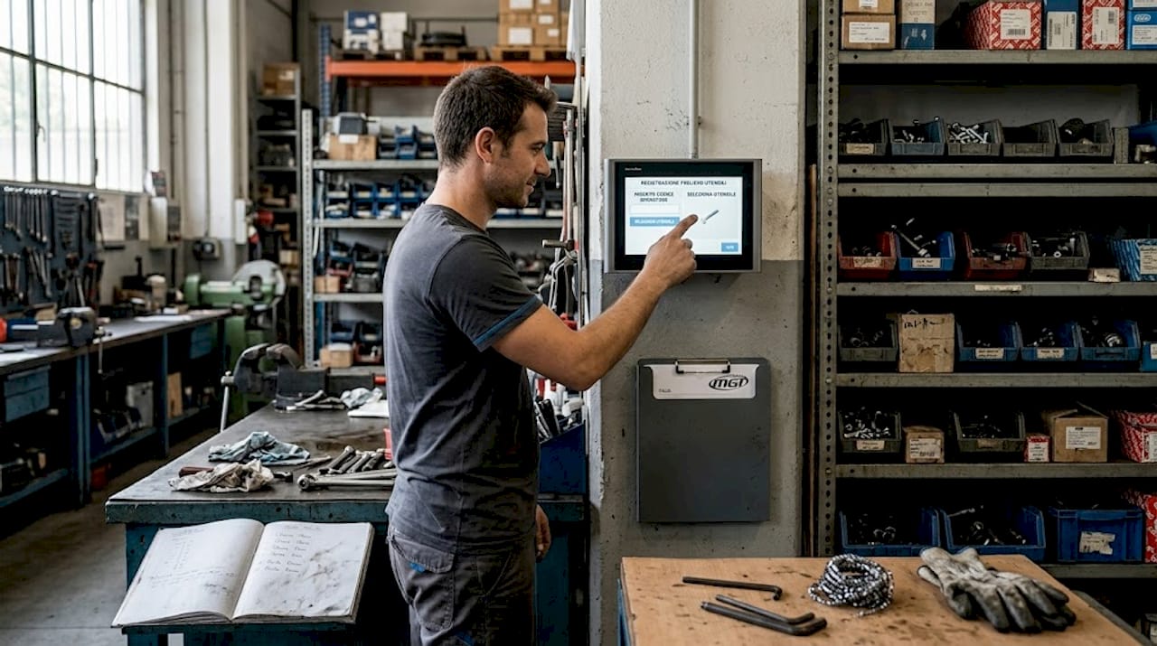 Il tecnico inserisce i dati dei materiali direttamente dal terminale in officina.