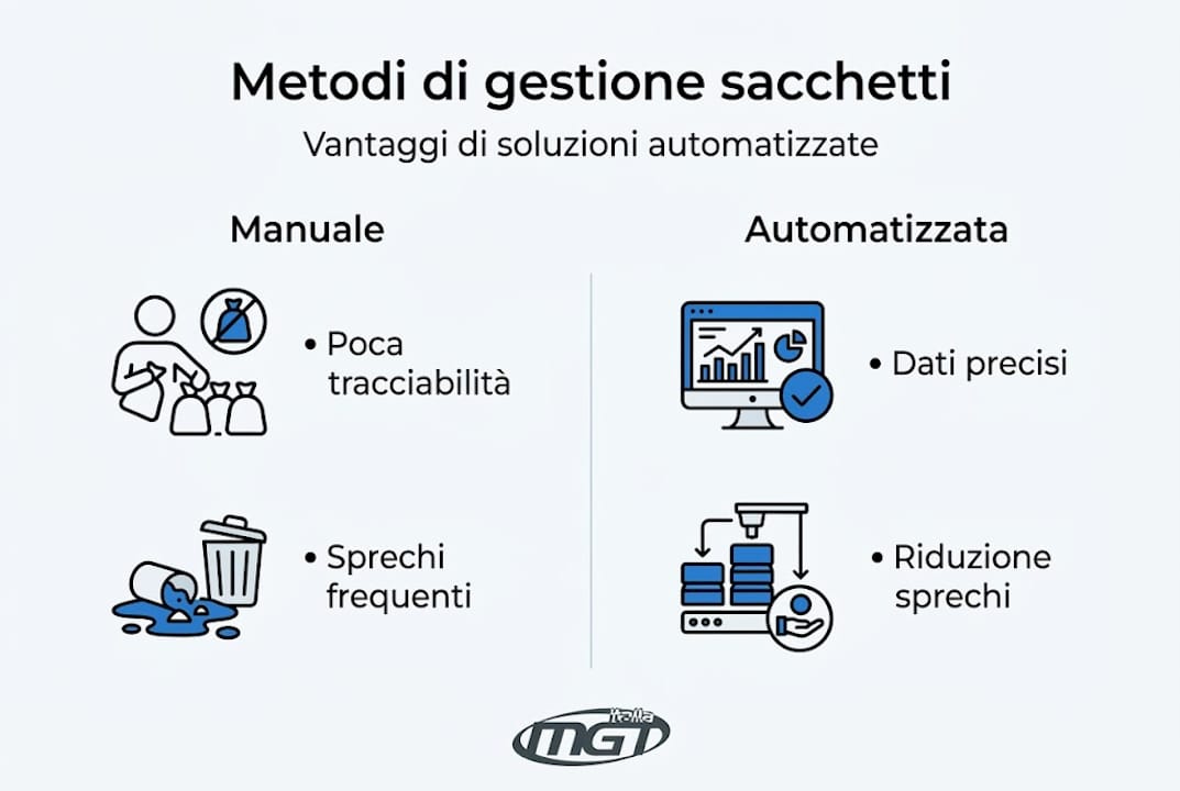 Infografica: confronto tra gestione tradizionale e automatizzata dei sacchetti
