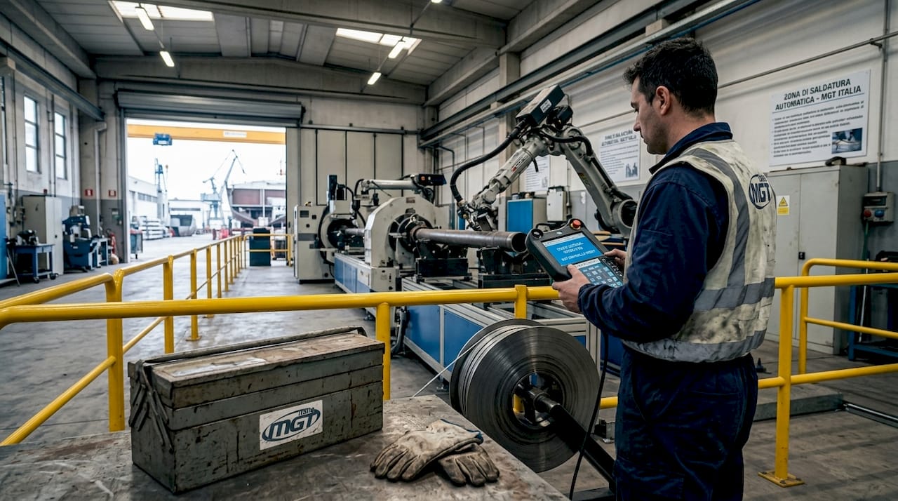 Tecnico al lavoro sulla regolazione di un robot impiegato nella realizzazione delle tubazioni navali.