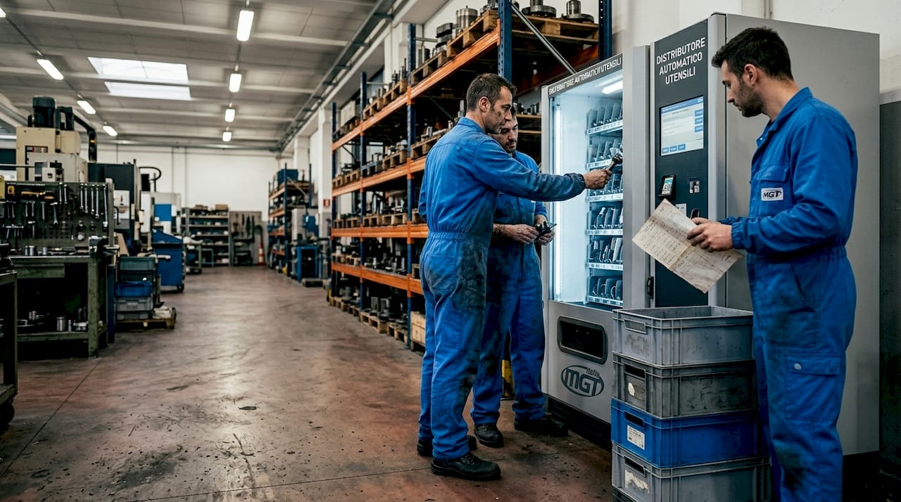 Gli operai si servono del distributore automatico in magazzino.