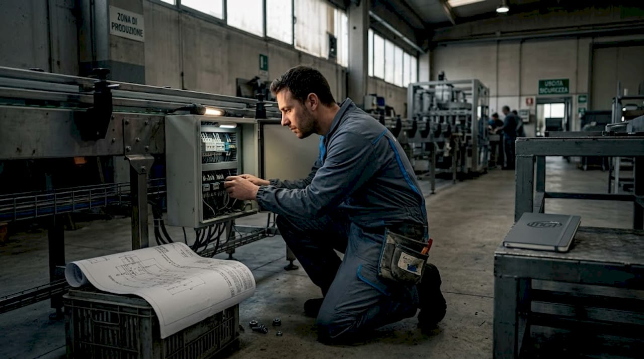 Un tecnico controlla i sensori di manutenzione predittiva all’interno dello stabilimento.