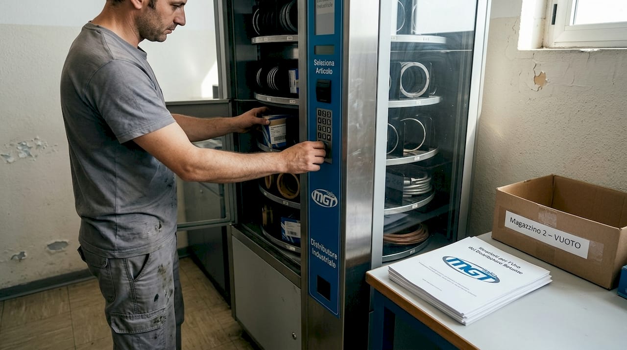 L’operatore sceglie un prodotto dal distributore automatico rotante.