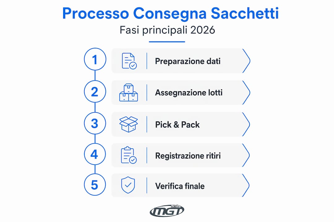 Infografica verticale che illustra le fasi della consegna dei sacchetti
