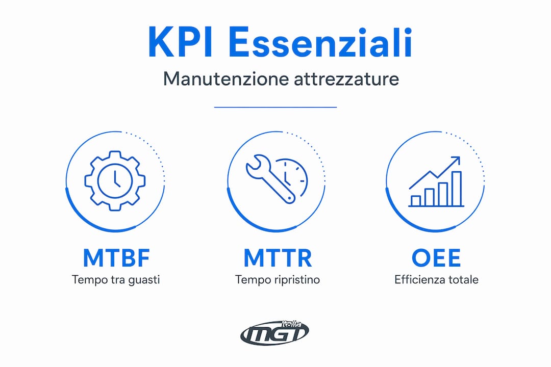 Infografica KPI manutenzione con MTBF, MTTR, OEE
