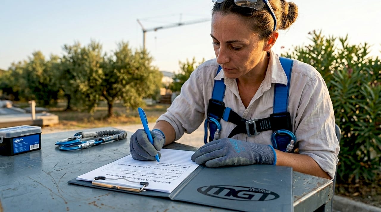In ufficio, un’impiegata si occupa di aggiornare la scheda di controllo dei dispositivi di protezione individuale.