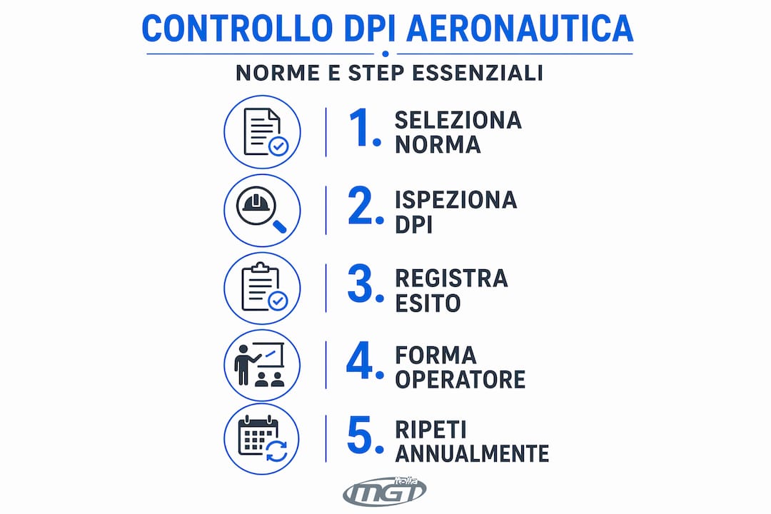 Infografica sui principali passaggi per il controllo dei DPI nel settore aeronautico
