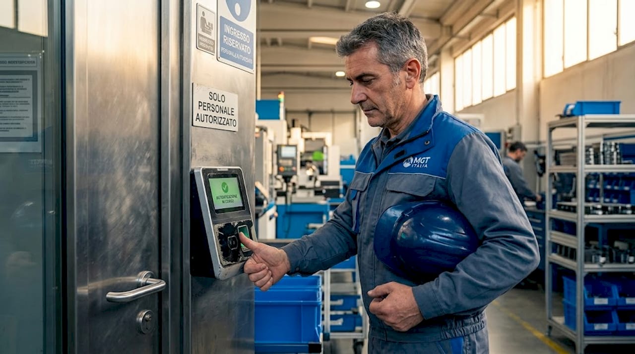 Un operaio effettua l’ingresso in azienda utilizzando il lettore biometrico.