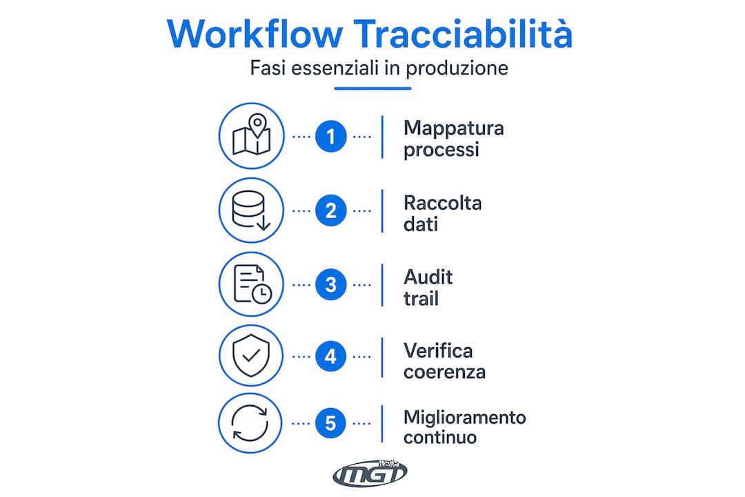 Infografica sulle diverse fasi della tracciabilità dei materiali nel settore industriale