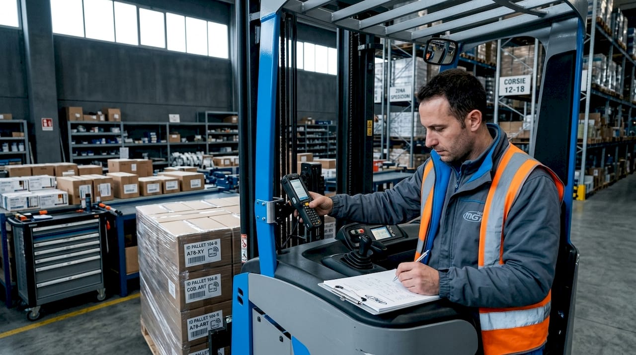 Un tecnico effettua la scansione dei tag RFID applicati ai pallet nel magazzino.