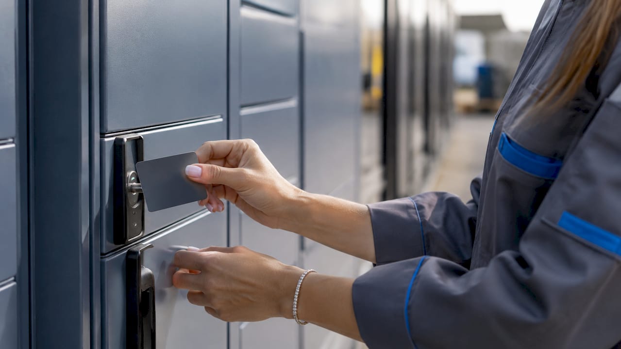 Una mano avvicina un badge RFID al lettore di un armadietto industriale.