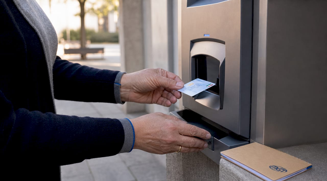 Una donna avvicina la sua carta al lettore di un distributore automatico.