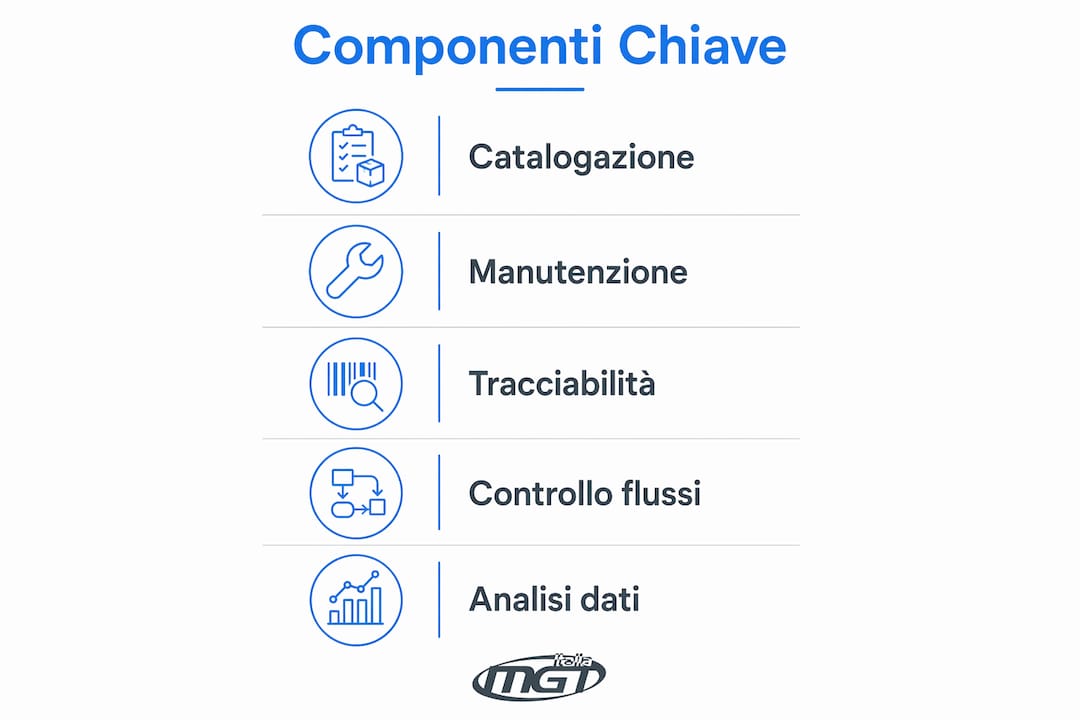 Infografica che illustra gli elementi fondamentali per una gestione integrata ed efficace dei beni