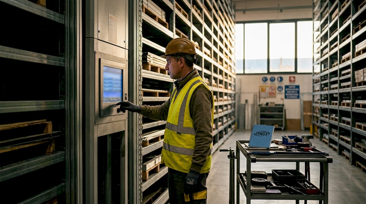 Tecnico al lavoro sul touchscreen di un magazzino automatizzato