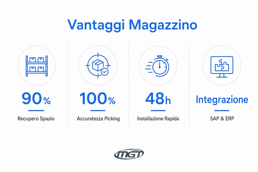 Scopri i vantaggi del magazzino automatico in un’infografica chiara e completa: ottimizzazione degli spazi, maggiore velocità nelle operazioni, riduzione degli errori e risparmio sui costi di gestione.