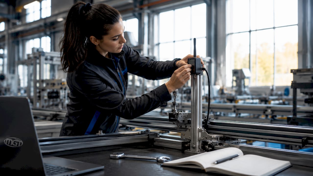 Tecnico al lavoro mentre applica un sensore IoT su un macchinario industriale