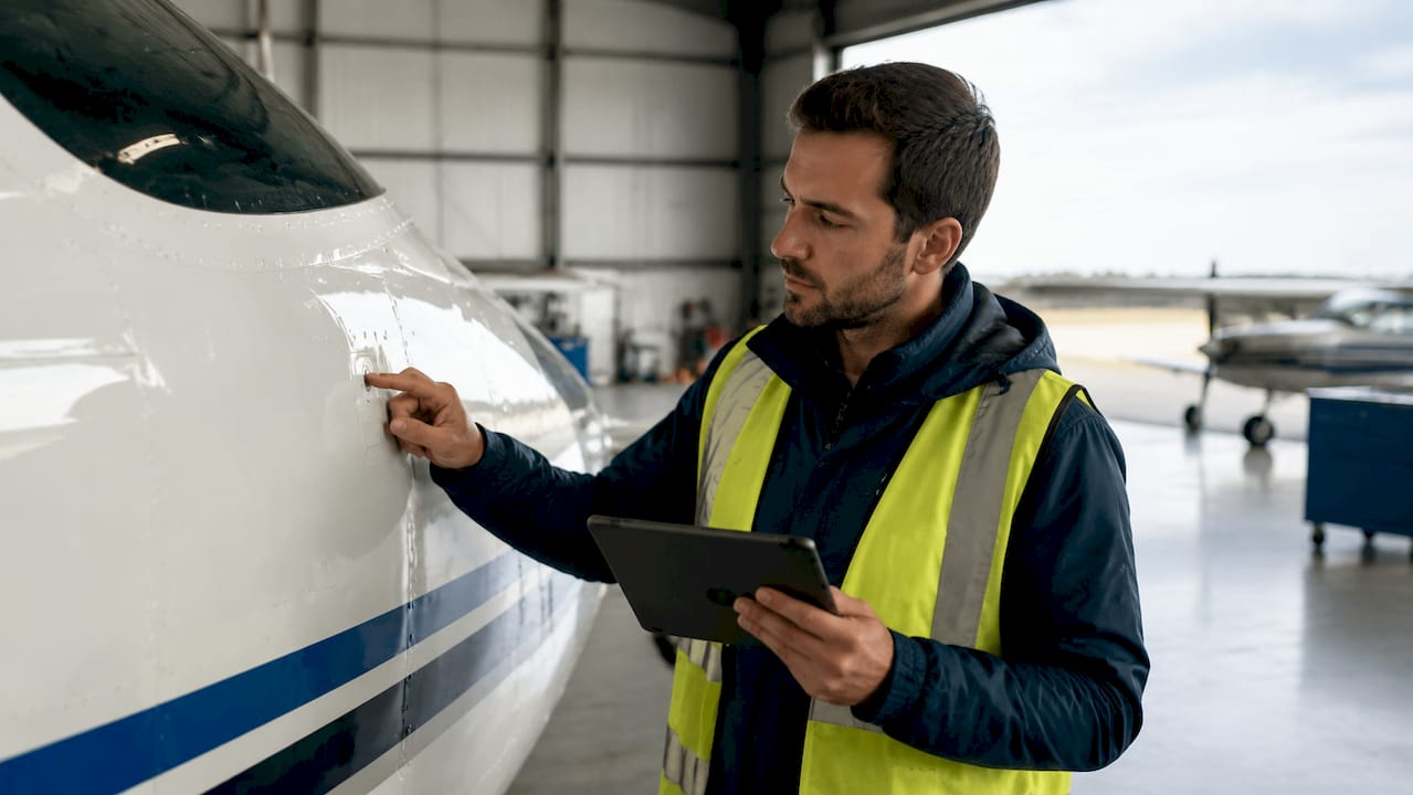 Il pilota sta effettuando il controllo visivo dell’aereo prima del decollo, seguendo la checklist dei punti da verificare.