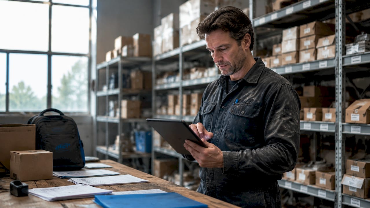 Operatore che utilizza un tablet alla postazione di picking in magazzino