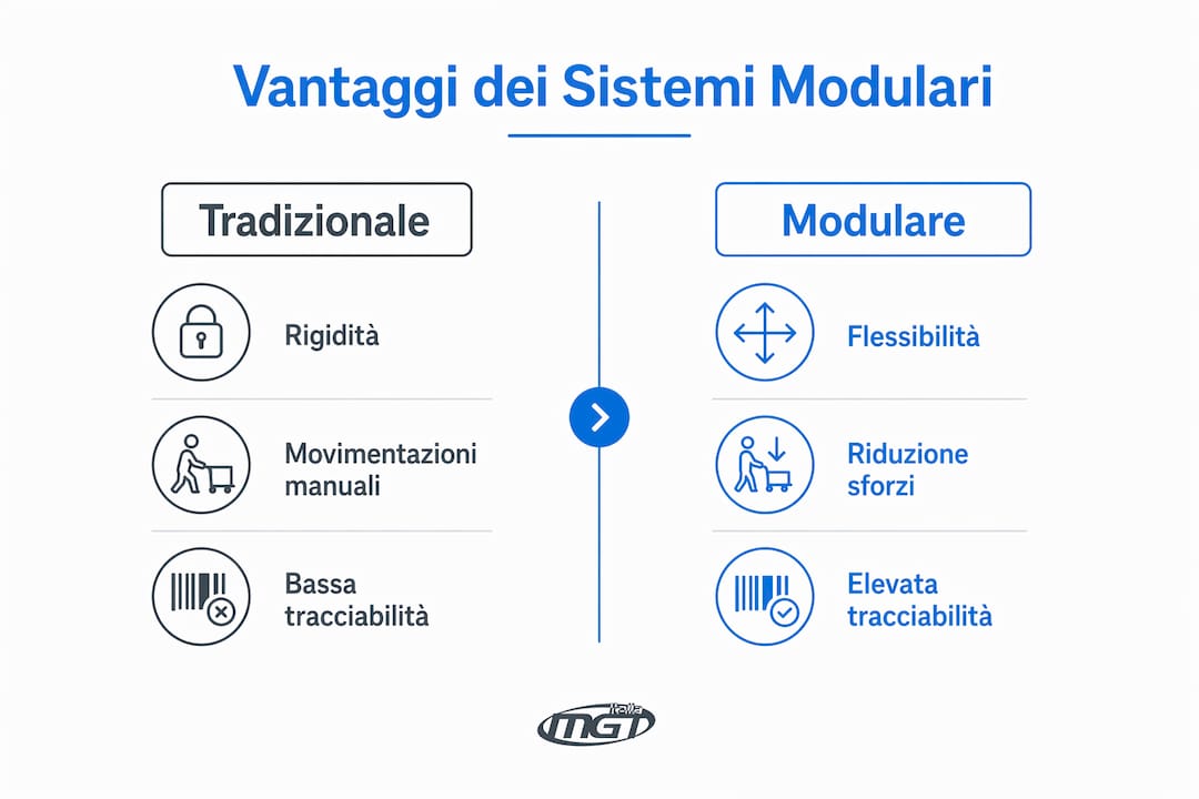 Infografica: tutti i vantaggi dei sistemi modulari per il magazzino