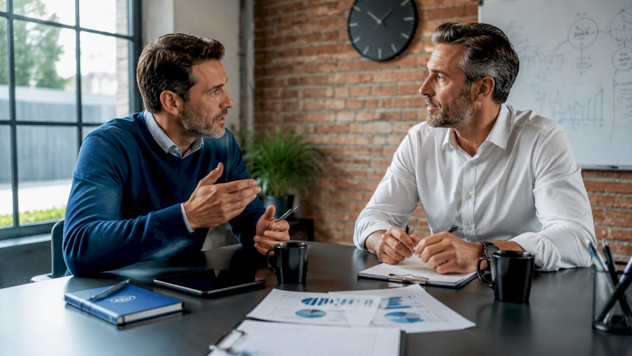 In una sala riunioni, due colleghi stanno confrontandosi sul tema SGI, analizzando insieme le possibili soluzioni e strategie.
