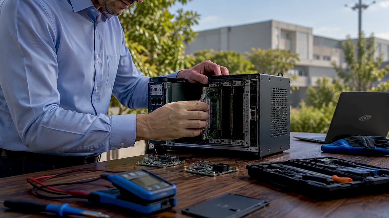 Mani che installano un modulo PC industriale
