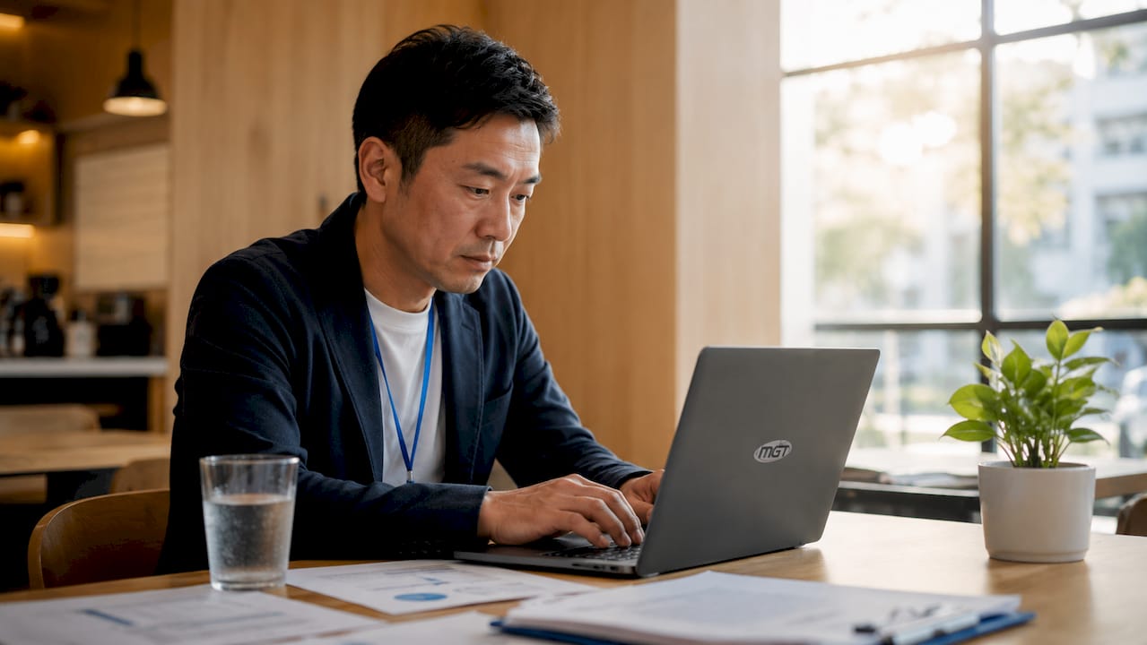 Un uomo lavora al computer utilizzando un software per la gestione digitale delle attività.