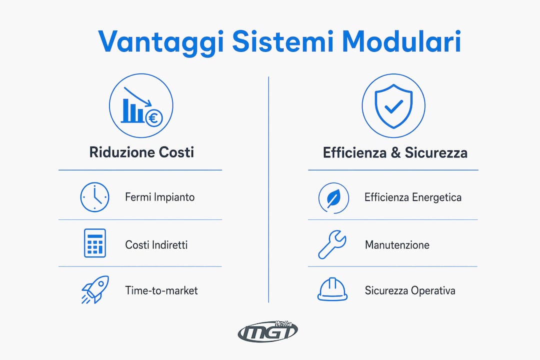 Infografica che illustra i principali benefici dei sistemi modulari