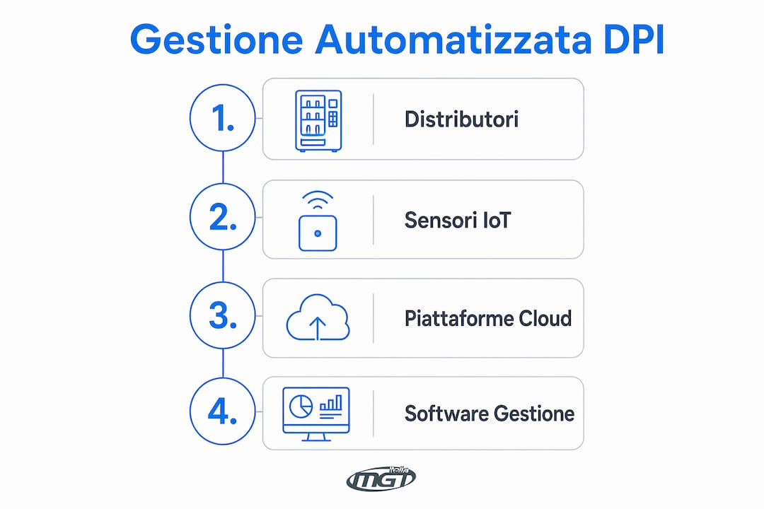 Infografica che illustra le principali fasi del processo di gestione automatica dei DPI