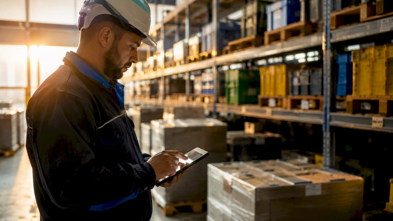 L'addetto al magazzino controlla l'inventario utilizzando il palmare.