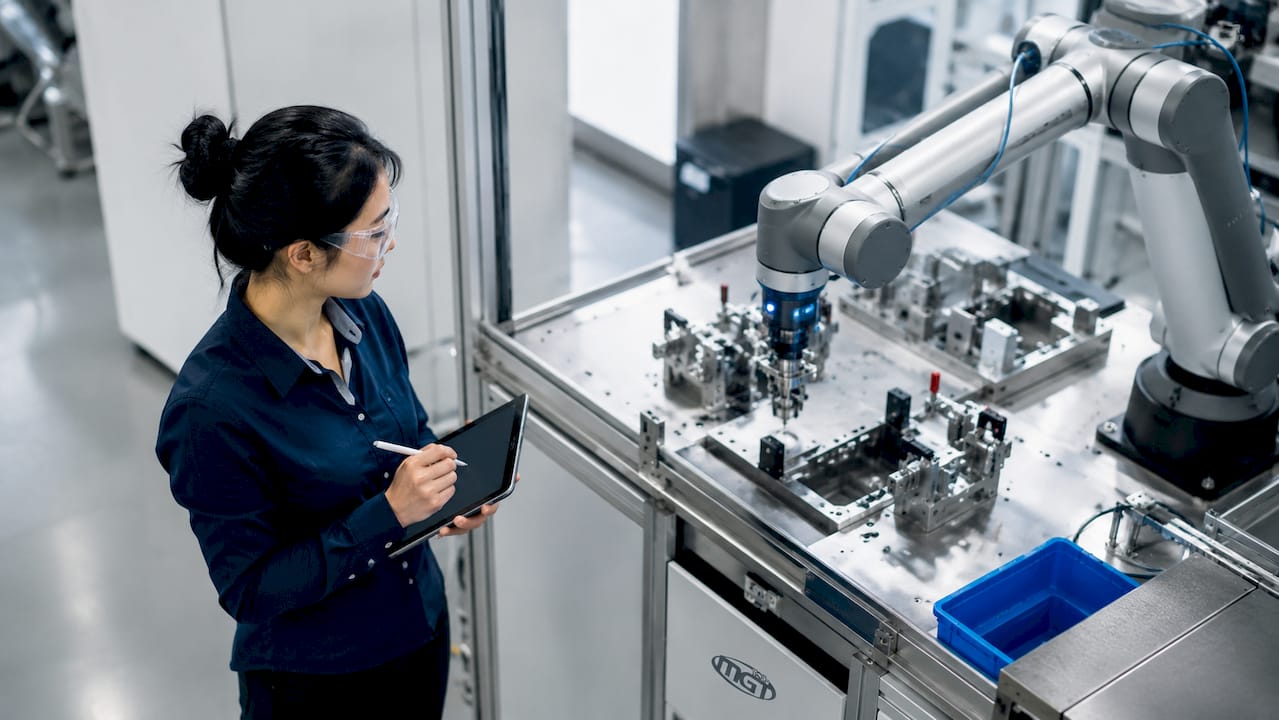 Ingegnere al femminile impegnata nel controllo di un robot collaborativo