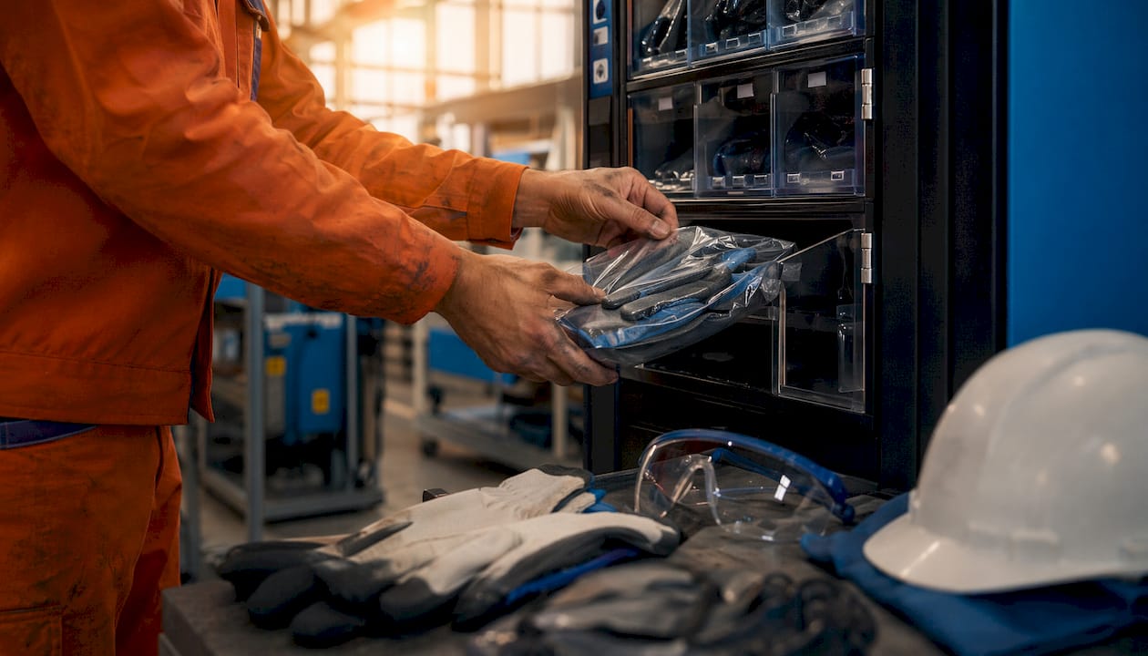 L’operatore prende i dispositivi di protezione individuale direttamente dal distributore.