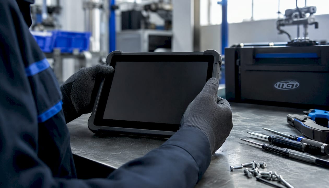 Mani di un operatore mentre utilizza un tablet perfettamente compatibile con l’hardware