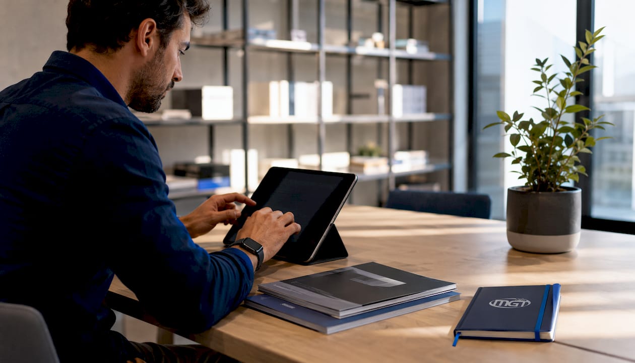 Mani che configurano il software di un armadietto su un tablet