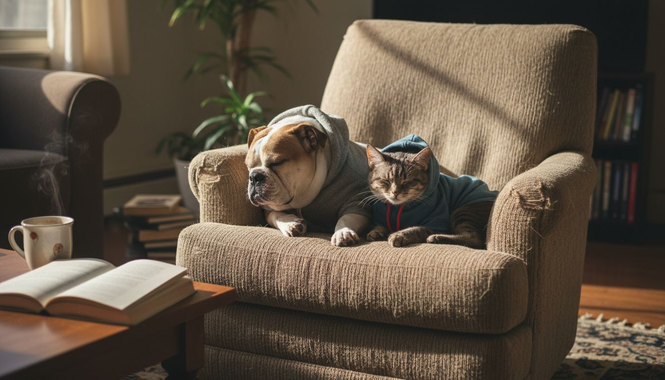 Bulldog and cat in hoodies on chair