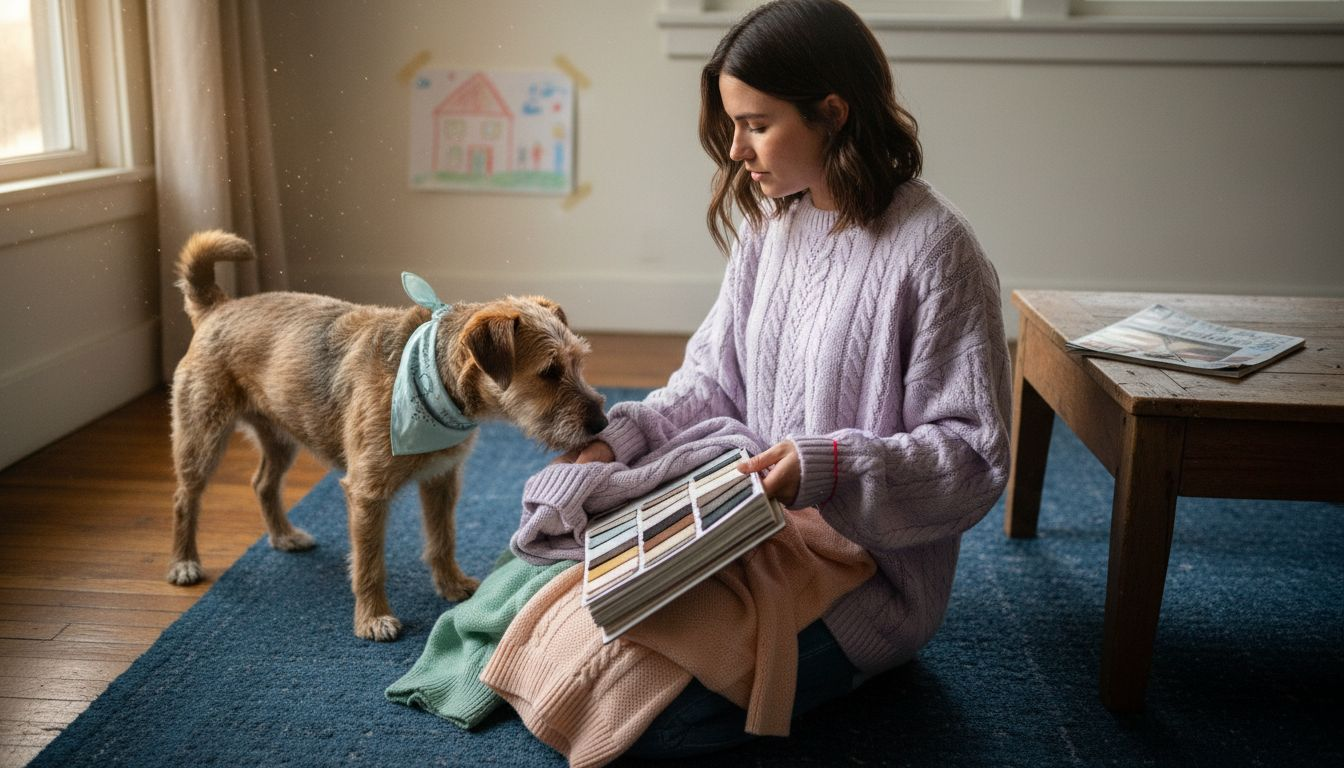 Woman comparing outfit color swatches with pet