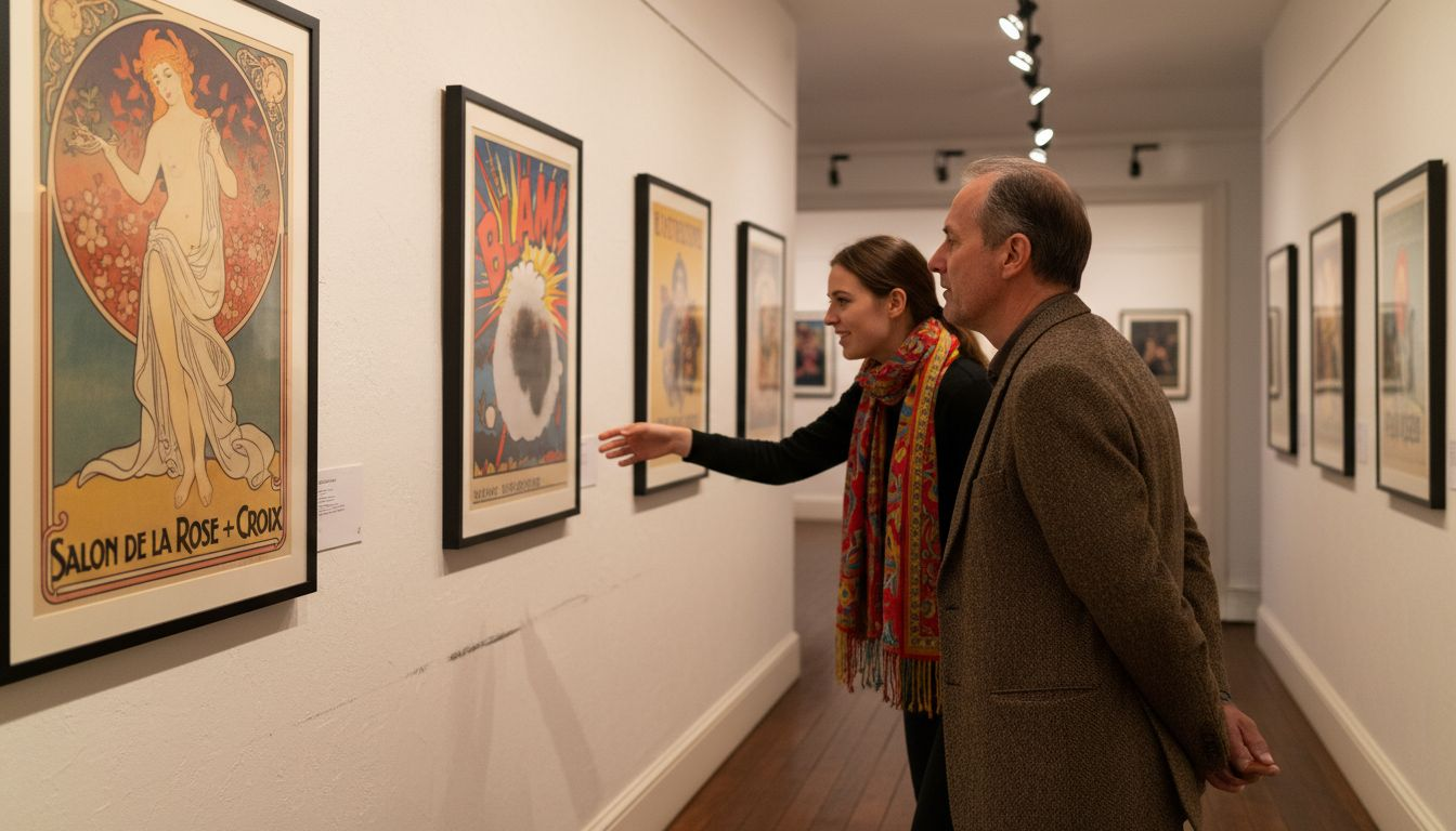 Gallery visitors studying vintage poster styles