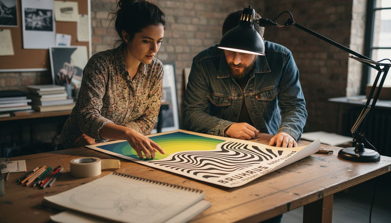 Designers reviewing Bauhaus poster in studio