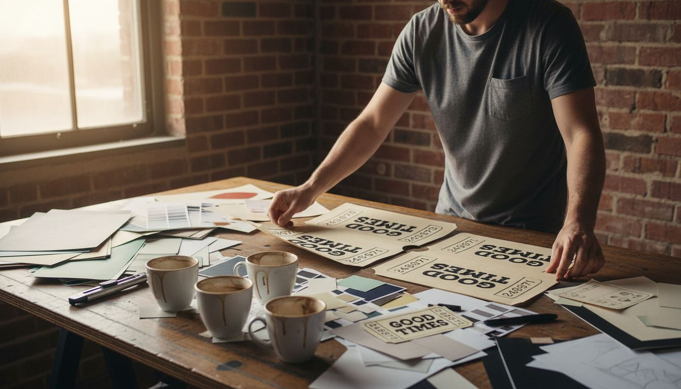 Designer arranging posters on cluttered drafting table
