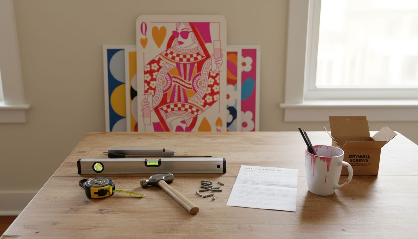 Wall art hanging tools photographed on table
