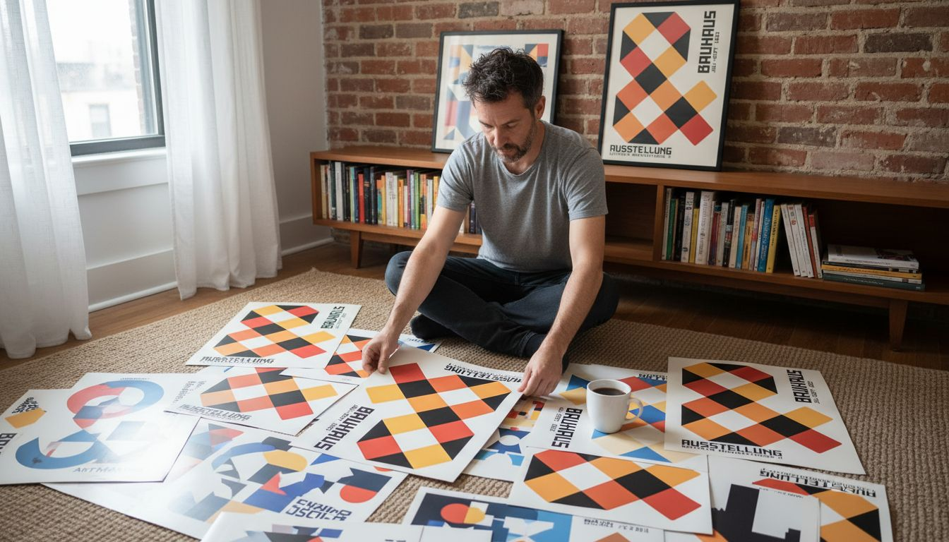 Man arranging geometric Bauhaus prints on floor