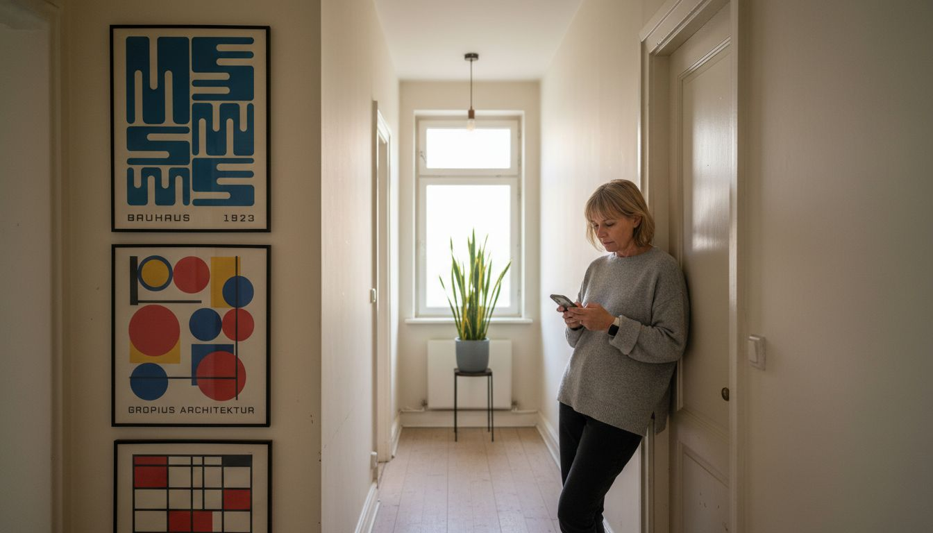 Woman in hallway with bauhaus prints
