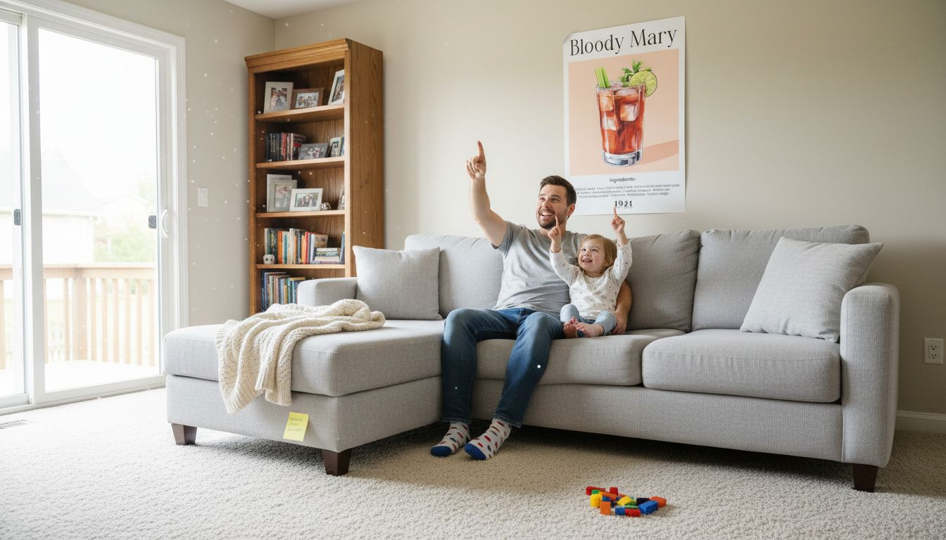 Family admiring new poster on wall