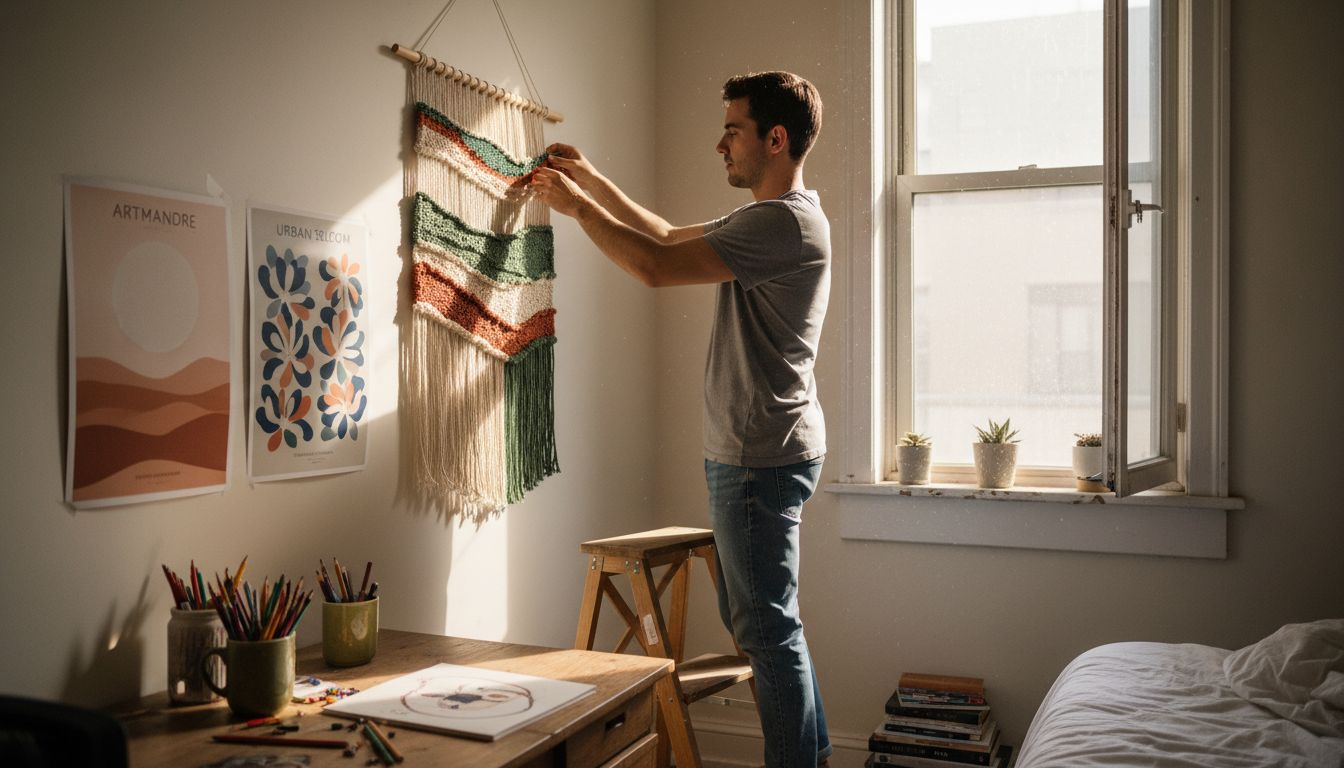 Man hanging textured woven wall art above desk