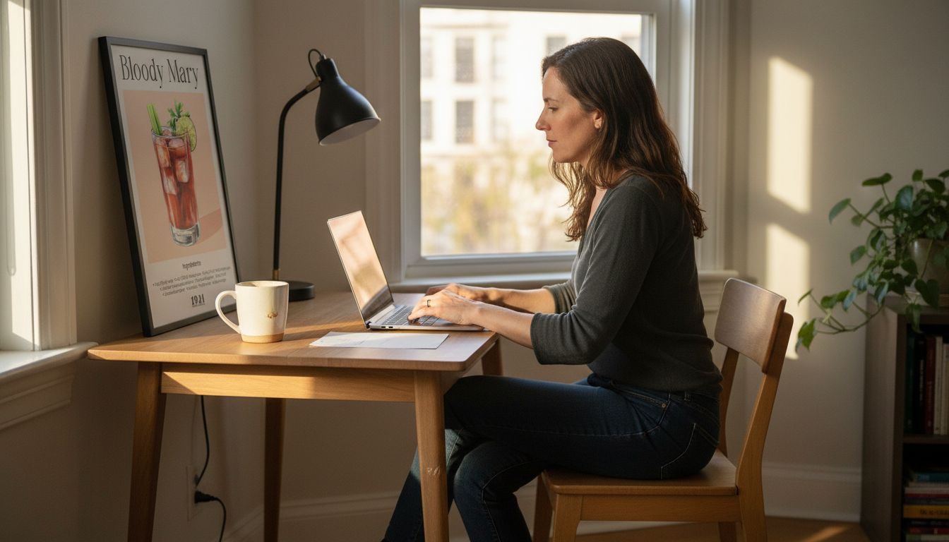 Woman working in minimalist home workspace