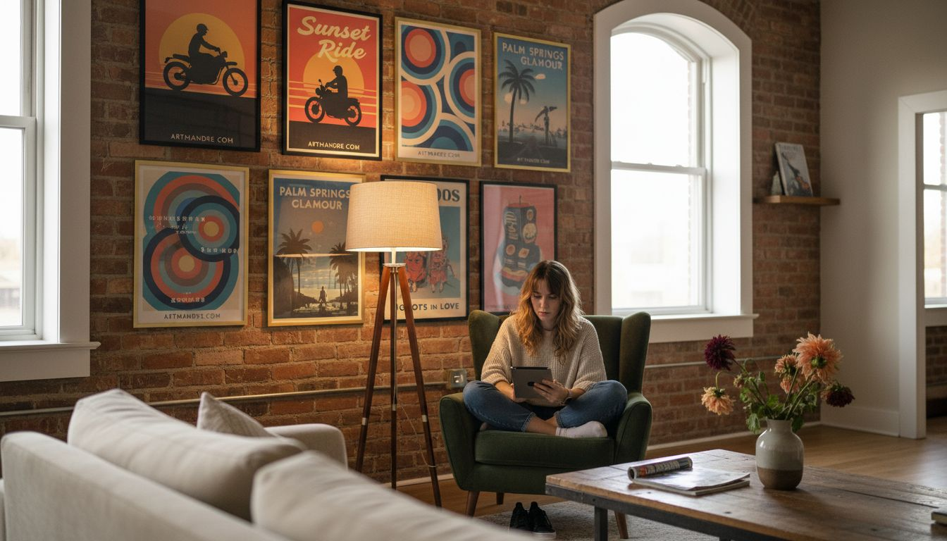 Gallery wall of retro art in modern loft