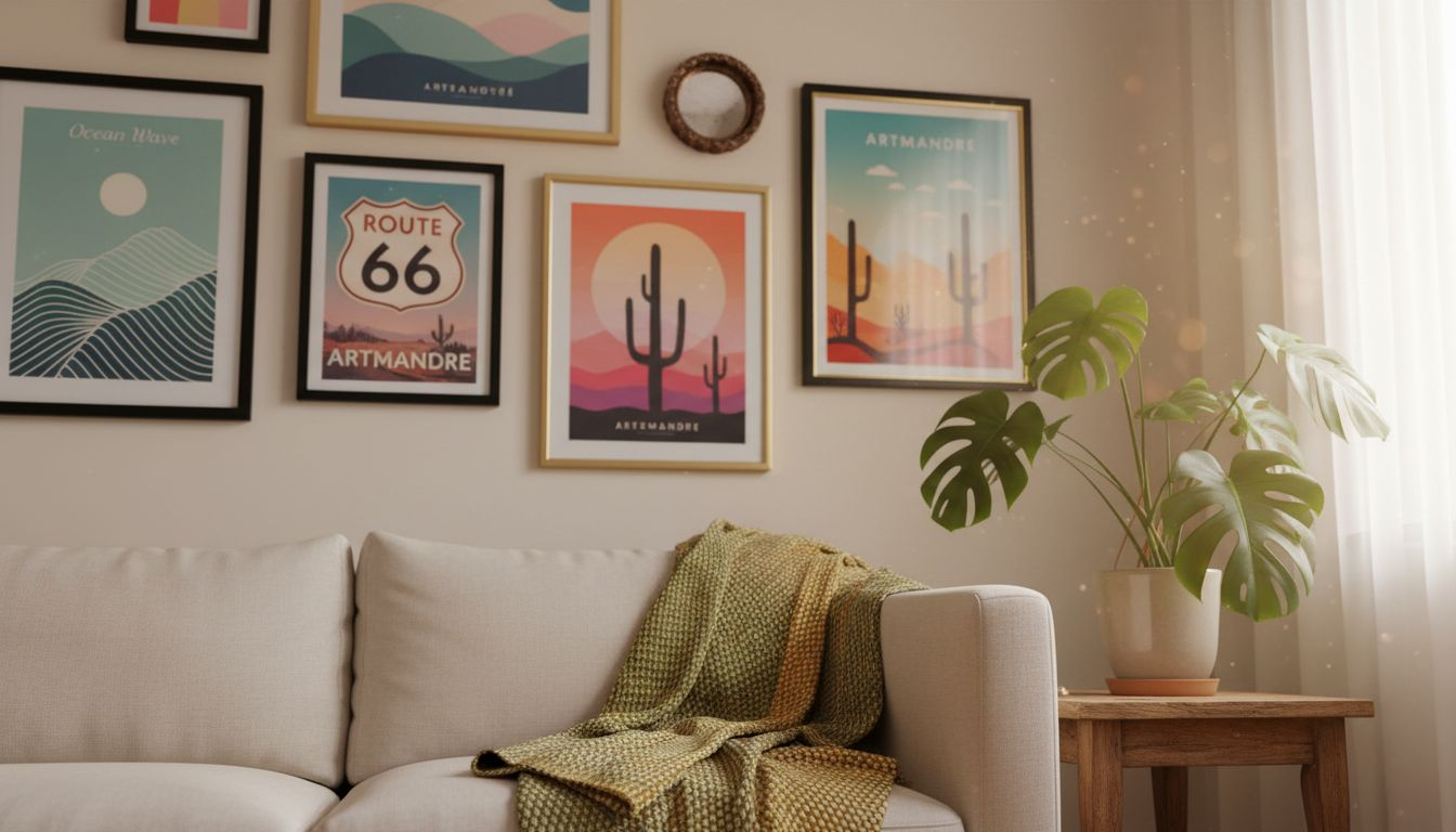 Eclectic living room gallery wall detail