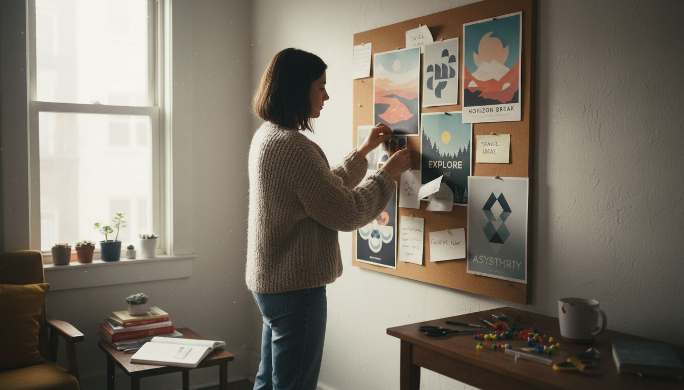 Arranging printed art mood board on corkboard