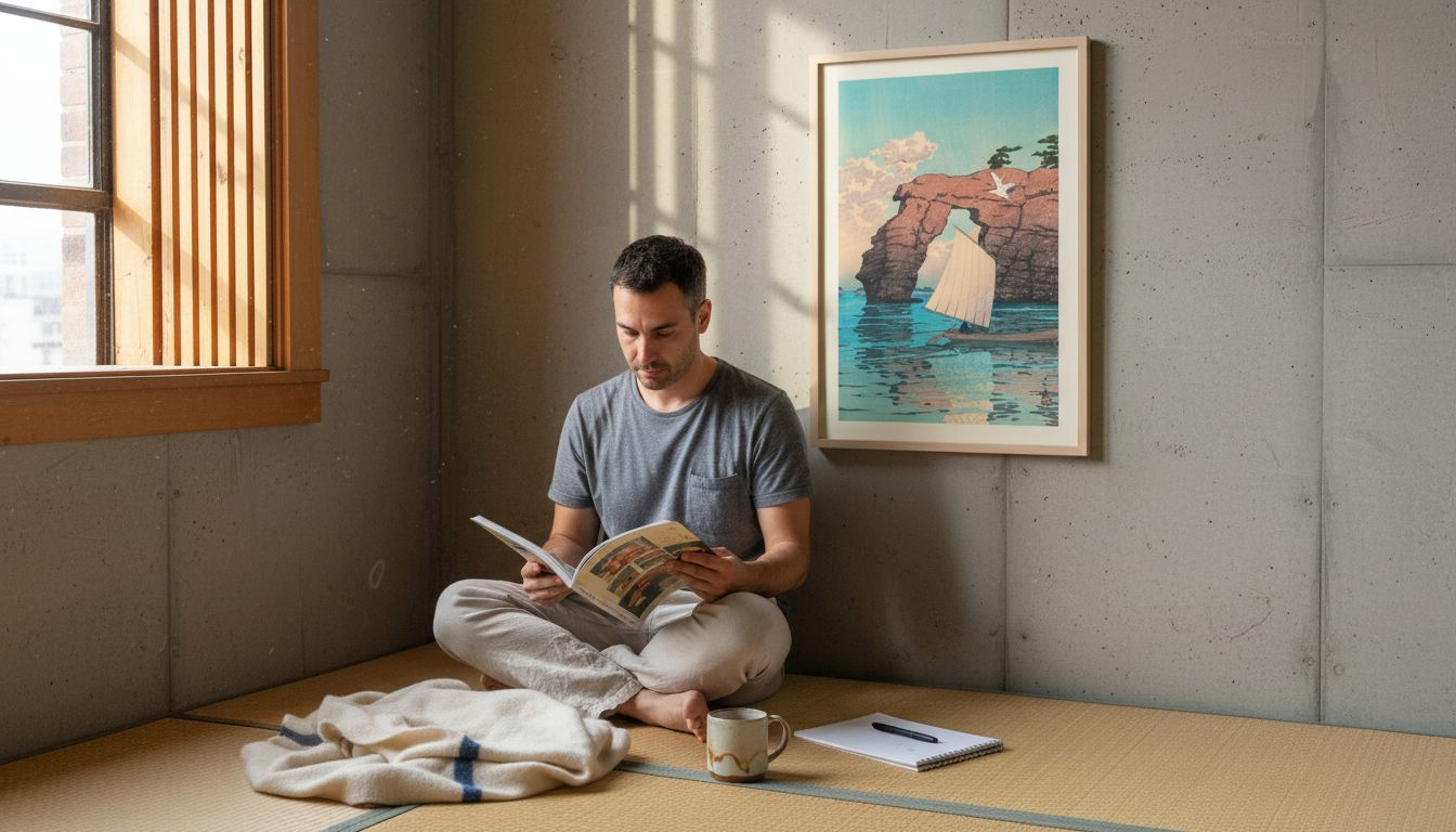 Man studies symbolic Japanese wall print at home