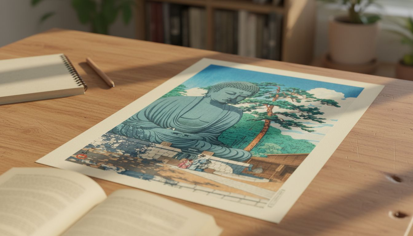 Closeup of Hasui print details on table