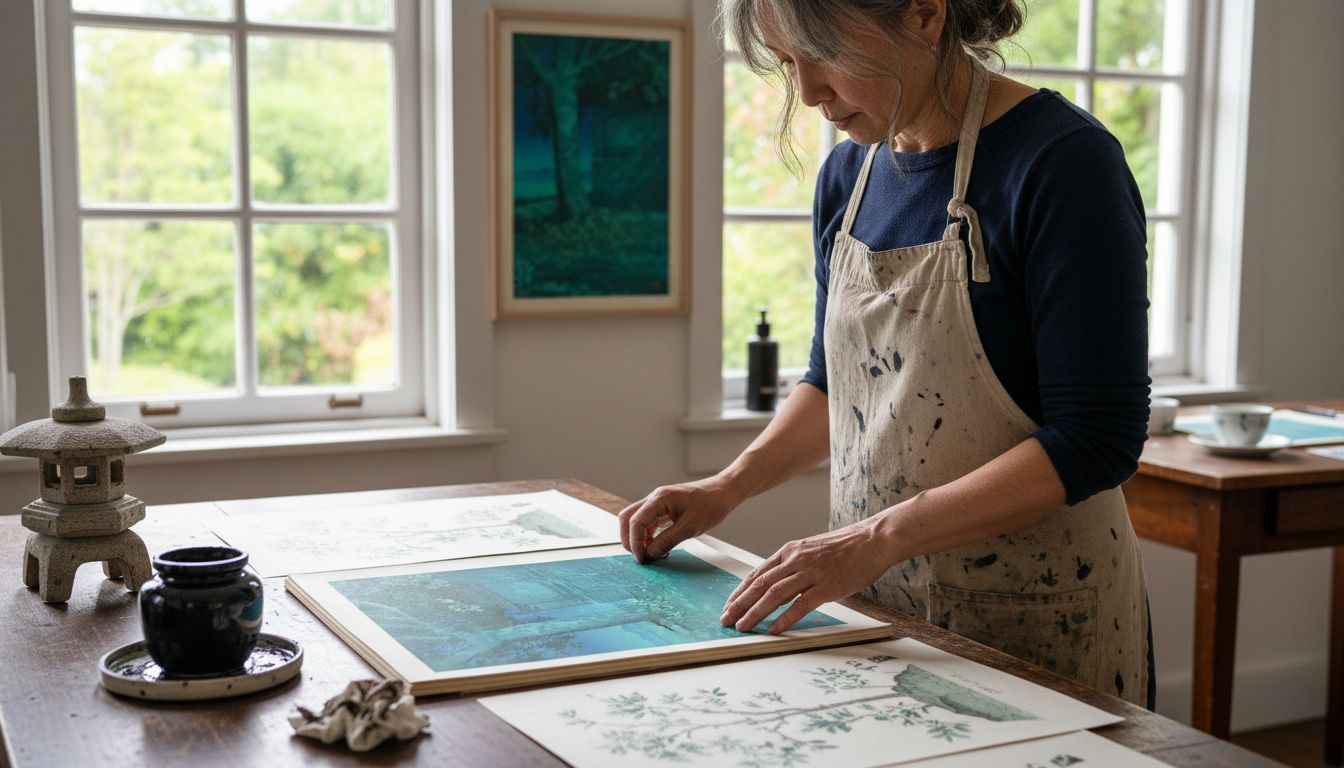 Artist sketching Japanese garden landscape