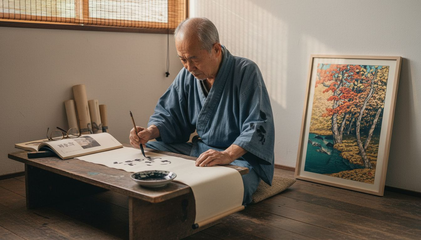 Elderly artist creating Japanese wall scroll